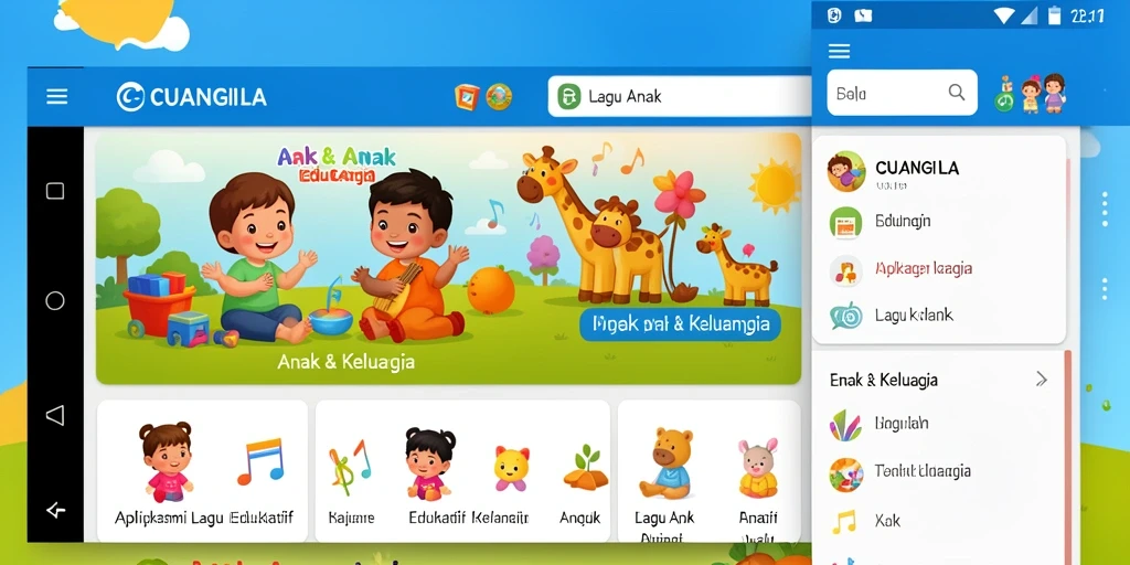 Antarmuka CUANGILA menampilkan koleksi lagu anak yang interaktif dan ceria.