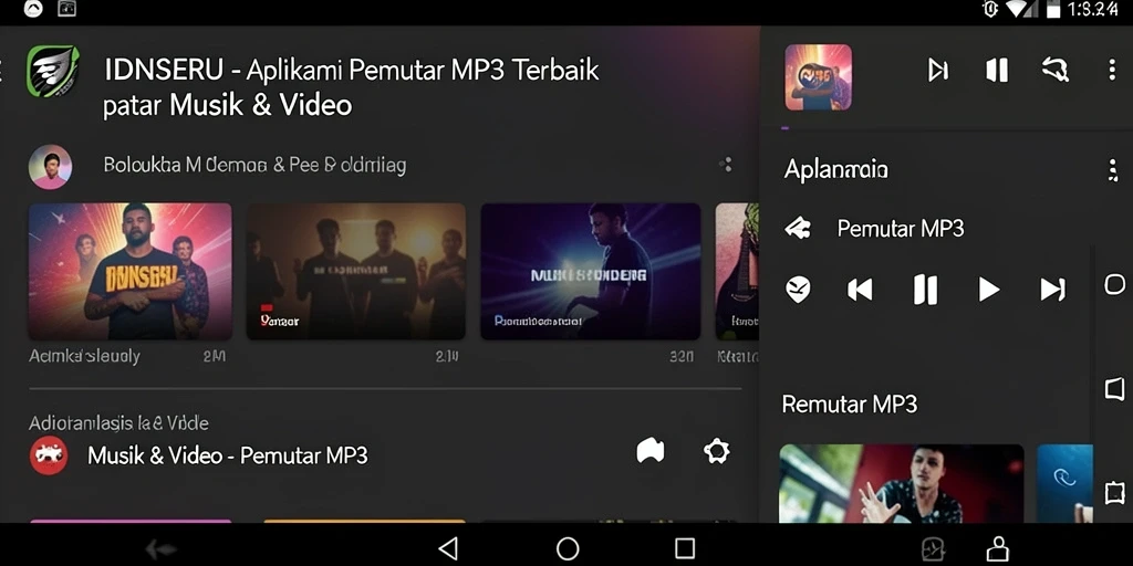 Antarmuka pengguna aplikasi Pemutar MP3 IDNSERU yang menarik dan mudah digunakan.